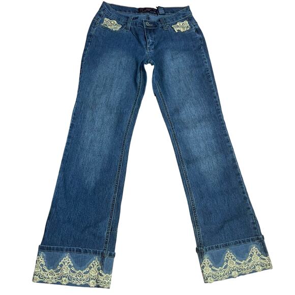 Vintage 90"s Fluid Preppy Women Gold Embroidery Slit Cuffs Jeans Size 7 - Picture 1 of 11